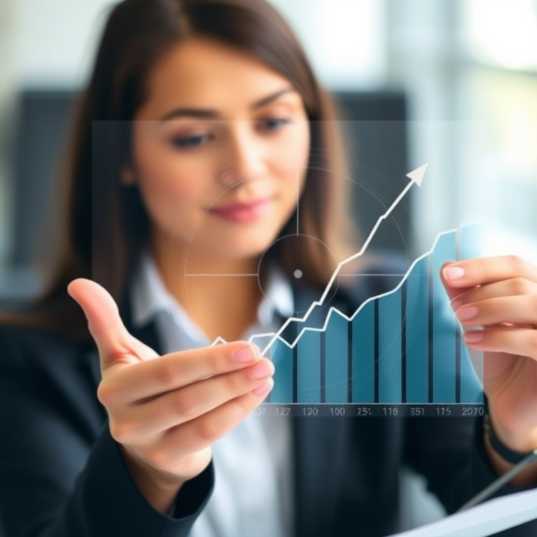 A businesswoman analyzing a growth graph with a target overlay, blurred background, focus on the graph and target, ISO 100, f/2.8, 1/250s, portrait mode, DSLR camera.