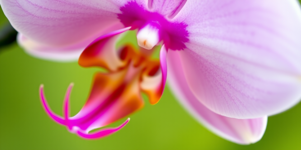 Close-up shot of a pink and white orchid bloom on a green background, using a DSLR camera with a macro lens, aperture set to f/2.8, shutter speed at 1/125 sec, ISO 200, focus on the flower details.
