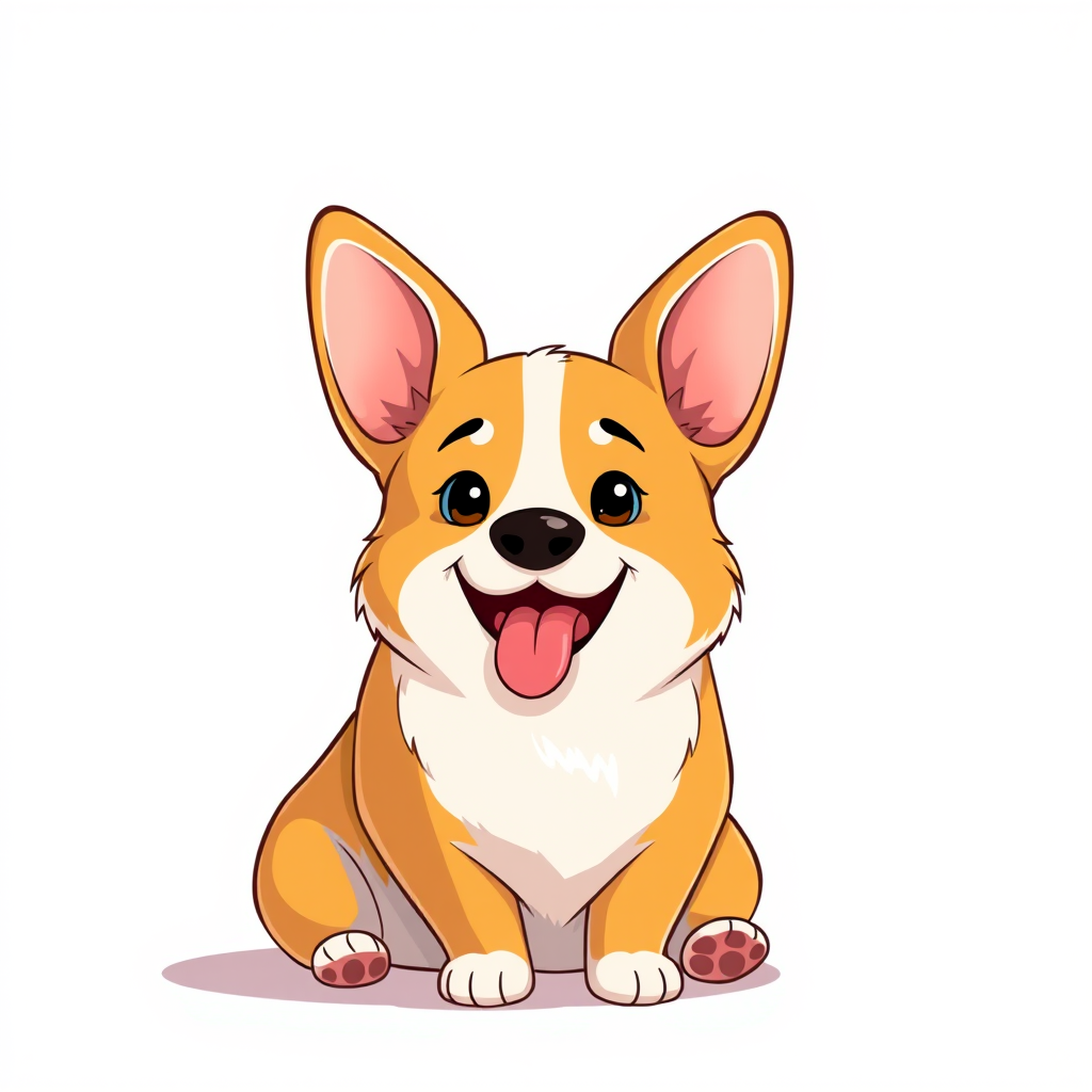 create a digital illustration of a happy corgi sitting with its tongue out against a plain white background, using a Canon EOS R5 camera with a 50mm f/1.2 lens, set at ISO 100, f/1.2 aperture, and 1/200s shutter speed, in a bright and colorful cartoon style.