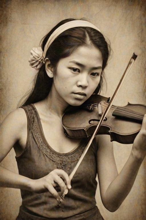 a young Ainu woman with a white headband playing a violin, in the style of a charcoal drawing, sepia grunge background