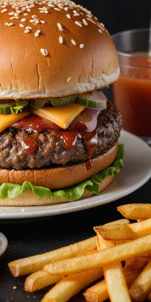 High-resolution, close-up image of a gourmet double cheeseburger. The burger features a glossy, sesame-seed-topped brioche bun. Inside, there are two thick, juicy beef patties, each topped with melted cheddar cheese. The burger is garnished with fresh lettuce, tomato slices, diced onions, and pickles. A generous amount of ketchup and a creamy, orange-colored sauce is dripping down the sides, adding to the mouth-watering appeal. In the background, there are blurred elements including a side of golden French fries and a hint of a beverage, enhancing the overall presentation of a delicious meal.