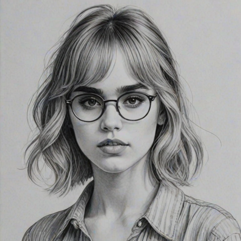 Enticing Suki Waterhouse, pencil sketch, portrait of Superb woman 1925s in glasses, hair style beatnik, outline, clear lines, fine lines, 8k