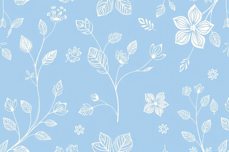 Create a high-resolution digital pattern featuring intricate white botanical illustrations on a soft blue background, shot with a 50mm lens at f/8, using a DSLR camera, in natural lighting to enhance textures and details.
