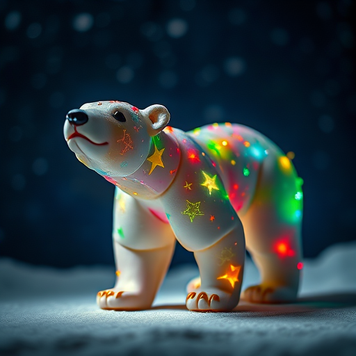 Create an image of a polar bear made of colorful plasticine, intricately detailed with constellations shining in the night sky, soft focus with a 50mm lens, f/2.8 aperture, ISO 100, with dramatic lighting from above, captured in a studio setting.