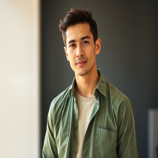 Create a high-quality image of a standing man with a neutral expression wearing a green shirt and beige t-shirt, captured in a full-body shot with a 50mm lens, f/2.8 aperture, ISO 100, and soft natural lighting to enhance details and colors.