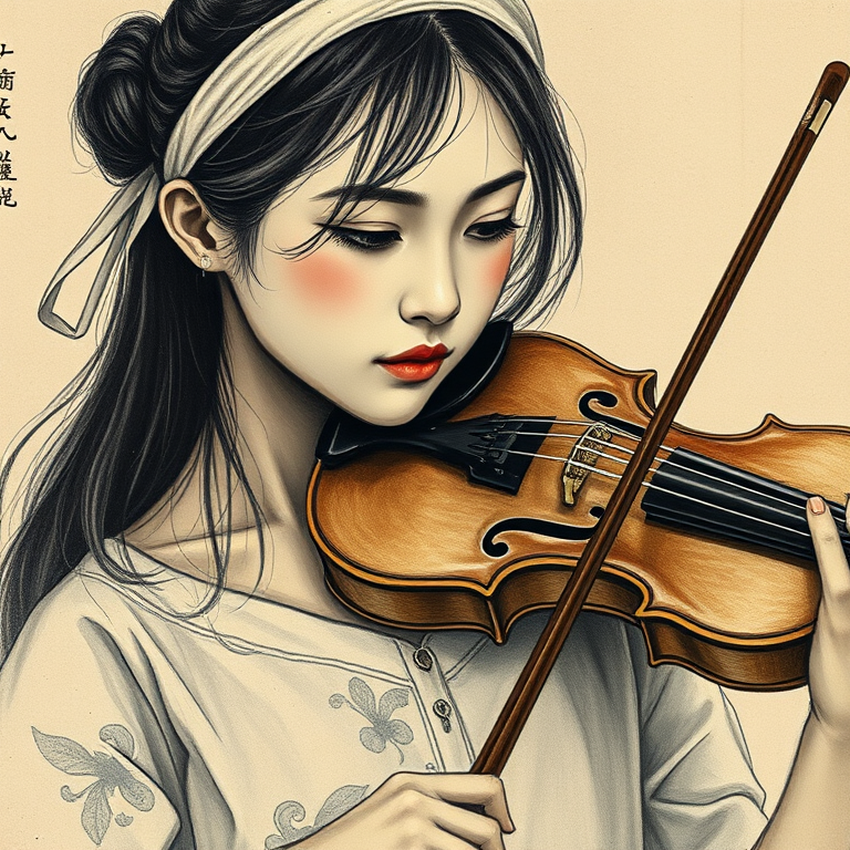 a young Asian woman with a white headband playing a violin, in the style of a charcoal drawing, sepia grunge background