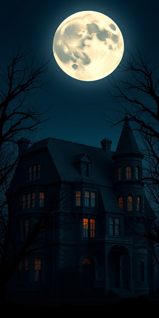 Create a high-resolution image of a spooky Victorian mansion at night, illuminated by a large full moon in the background, with eerie trees silhouetted in the foreground, using a DSLR camera with a 24mm lens, aperture set to f/8, ISO 100, and a long exposure time for enhanced detail and contrast.