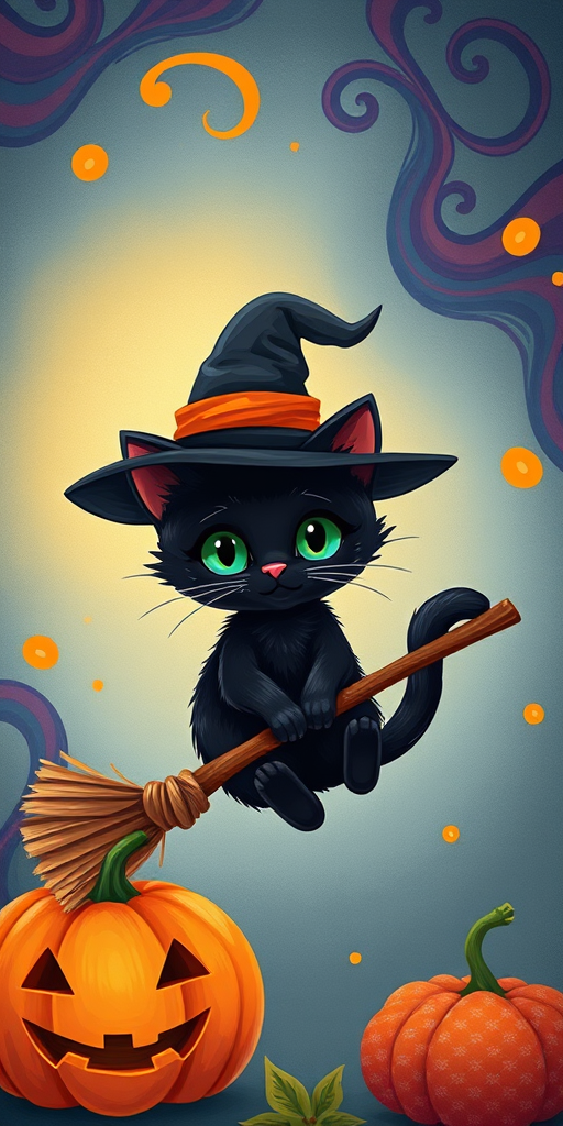 Create a whimsical illustration of a cute black cat wearing a witch's hat, flying on a broomstick with a pumpkin nearby, vibrant swirling patterns in the background, using a digital art style, high-resolution, with bright colors and sharp details, captured with a DSLR camera at f/2.8, 50mm lens, daylight, and enhanced contrast.