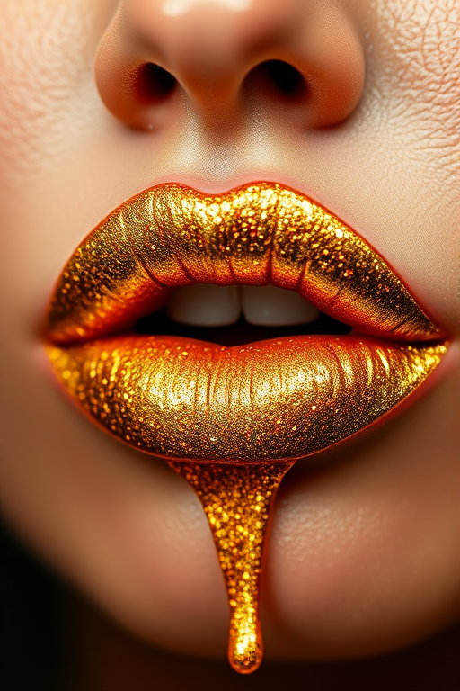 Glittery gold liquid lipstick "Midas Touch" combining intense metallic pigments with fine glitter particles for a dazzling and luxurious lip look