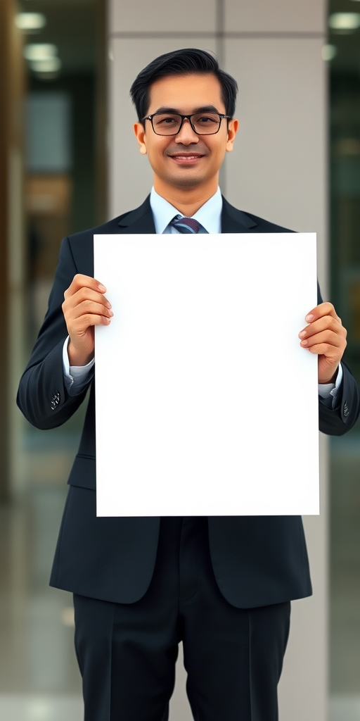 A professional individual dressed in a business suit holding a blank white sign in front of their body, taken with a DSLR camera at f/2.8, ISO 100, 50mm lens, with a shallow depth of field to create a softly blurred background, centered composition, natural light.