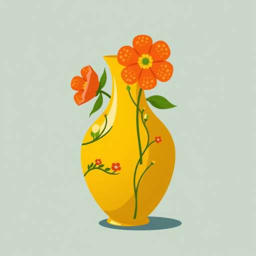 Create an illustration of a decorative vase with a bright yellow base, adorned with colorful flowers in orange and green polka dots, using a digital art style, high resolution, in a symmetrical composition, with enhanced contrast and vivid colors.