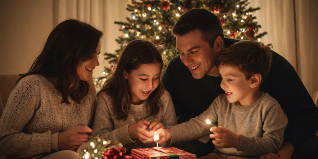 Warm, intimate photo of a family gathered around a Christmas tree, soft glow from the lights reflecting off ornaments, presents stacked under the tree, children's faces lit up with joy, the smell of pine and cinnamon lingering in the air.
