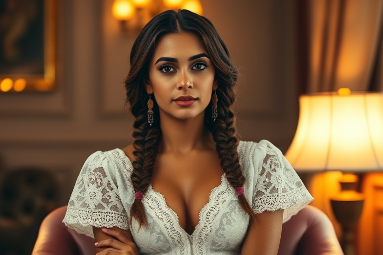 Create a portrait of a refined and elegant Coptic woman seated in a sophisticated setting. She has long, wavy hair styled in two thick braids that are pulled over her shoulders. She wears a white, lace gown with intricate patterns, featuring a deep V-neckline and short sleeves. The dress exudes a vintage charm with its delicate lacework. She is adorned with ornate, dangling earrings that add a touch of glamour to her appearance. The background is softly lit, with warm, ambient lighting that creates a cozy and inviting atmosphere. Her expression is poised and serene, capturing a sense of grace and elegance.
