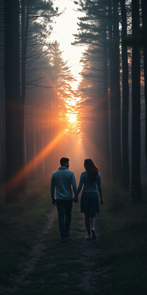 Create an evocative scene of a couple walking hand in hand down a misty forest path at sunset with golden light filtering through tall trees, shot with a DSLR camera, aperture f/2.8, shutter speed 1/250s, ISO 100, in a soft focus style, capturing the serene atmosphere of love in nature.