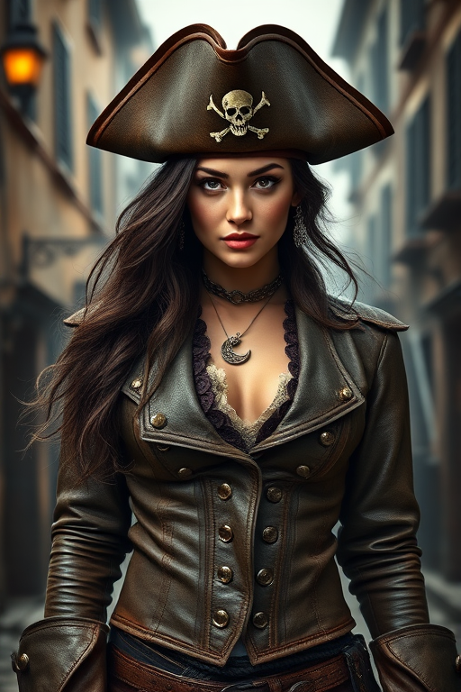 Create a portrait of a fierce female pirate. She wears a leather tricorn hat adorned with a skull and crossbones emblem, and her long, dark hair flows around her face. Her outfit consists of a richly detailed leather jacket, a corset, and multiple layers of belts and accessories, giving her a formidable and stylish appearance. She stands confidently in a dimly lit, historic port town, with a backdrop of weathered buildings and cobblestone streets, capturing the adventurous spirit of a pirate.