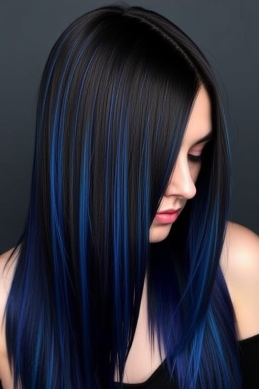 Striking jet black hair with electric blue tips dubbed "Midnight Lightning," falls in a pin-straight curtain from roots to waist, featuring a dramatic contrast between the dark base and vivid ends, exuding an air of mystery and edginess