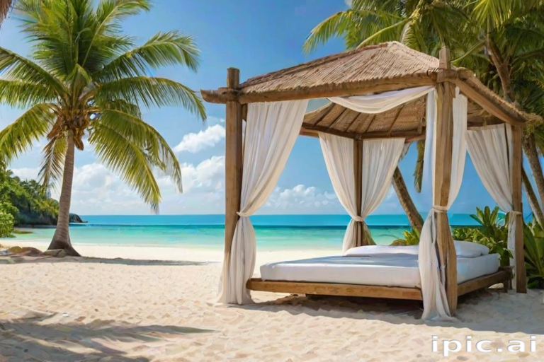 Create a picturesque tropical beach scene featuring a serene, white sandy shore. In the foreground, there's a rustic wooden canopy with white drapes gently flowing in the breeze. Underneath the canopy, a table is set with tropical decor, evoking a sense of relaxation and leisure. The beach extends into a calm, shallow water area with reflections of the sky and surroundings. Palm trees and lush greenery line the edge of the beach, providing a natural, tropical backdrop. The sky is clear with a few scattered clouds, and the overall atmosphere is tranquil and inviting, perfect for a peaceful retreat.