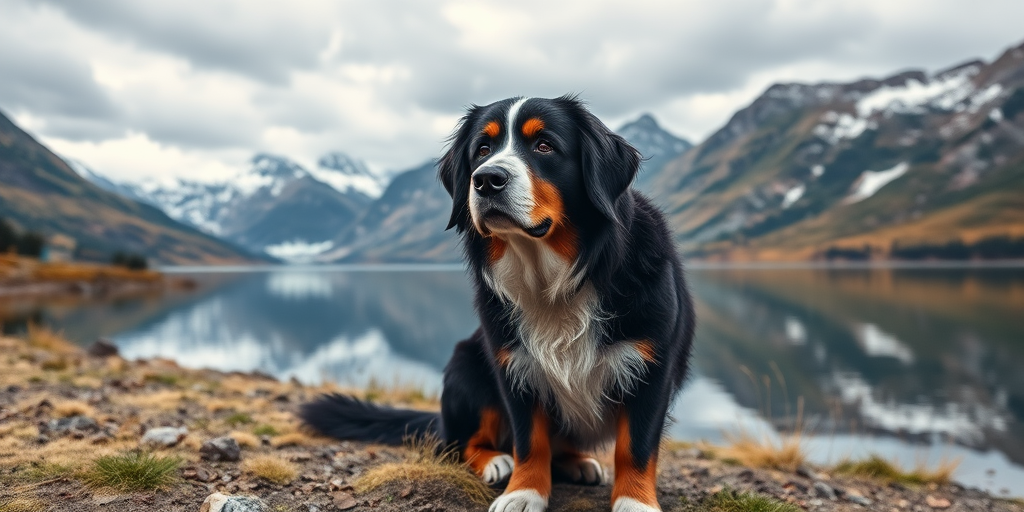 Create a high-resolution image of a Bernese Mountain Dog sitting near a tranquil lake surrounded by mountains, captured with a Canon EOS R5 at f/4, ISO 100, 1/200s, using a wide-angle lens and taken from a low angle for a dramatic perspective.