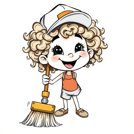 Create a detailed drawing of a cheerful cartoon character with curly hair wearing a cap, happily sweeping the floor with a broom, emphasizing a playful and joyful atmosphere, set against a simple white background, shot with a high-resolution camera at f/2.8 aperture, 50mm lens, using a bright daylight setting to enhance colors and clarity.