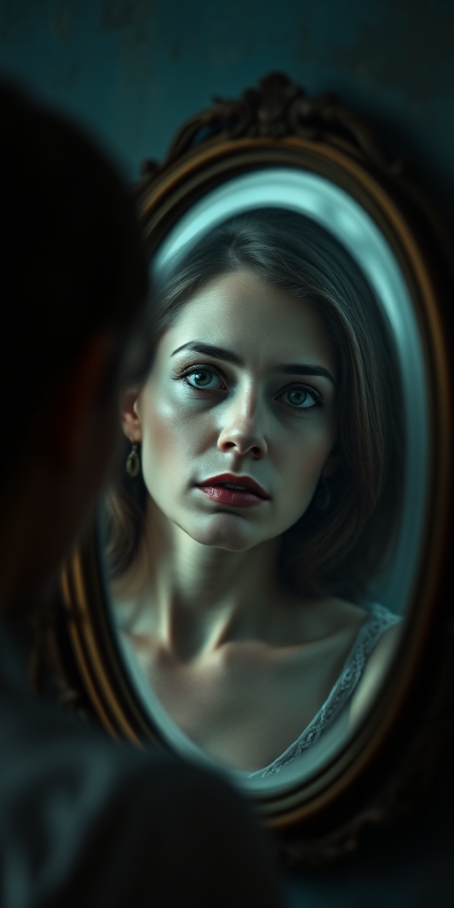 Capture a somber portrait of a woman reflected in a vintage mirror, using a Canon EOS 5D Mark IV, ISO 200, f/2.8, 1/60 sec, natural light, soft focus, shallow depth of field, from a slightly elevated angle to emphasize the reflection.