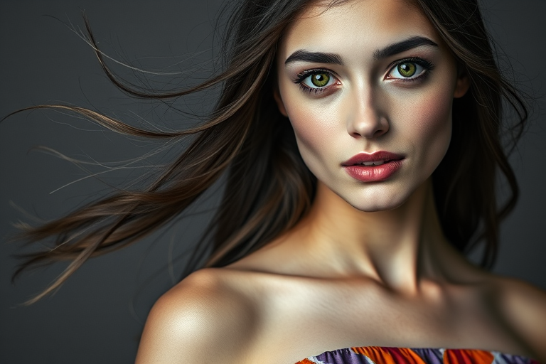 Photographic image of a beautiful young Sephardic woman, green eyes, lips with white lipstick, long hair fluttering in the wind and wearing a silk strapless dress with a soft purple and orange print. monochrome image with only color highlights in the iris of the eyes, lipstick and dress. Gray background.