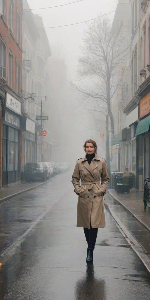 Quiet urban street on a misty morning, a woman in a trench coat walks quickly down the sidewalk, the light fog blurring the outlines of parked cars and storefronts.