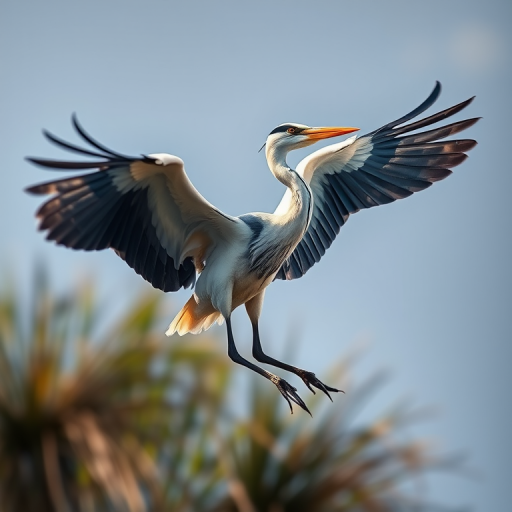 Create a high-resolution illustration of a flying heron in detail with dynamic wings spread, vibrant colors, sharp focus, using a DSLR camera, 50mm lens, f/2.8 aperture, ISO 100, and a shutter speed of 1/1000s, shot from a low angle perspective to enhance depth.
