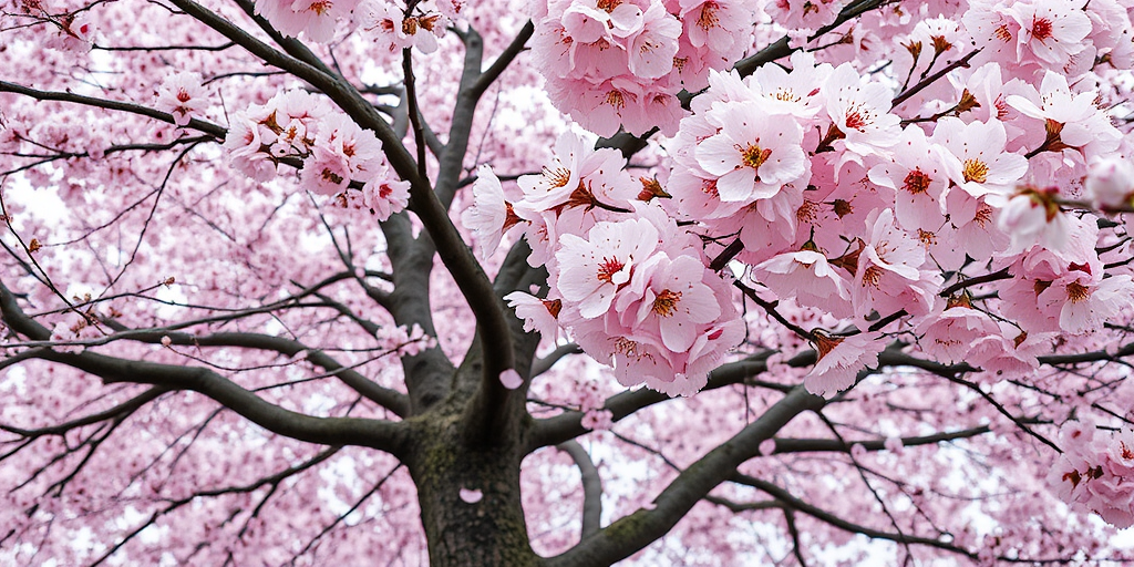 Create a high-resolution image of a cherry blossom tree in full bloom with pink petals falling around it, using a Canon EOS R5, 50mm lens, f/1.8 aperture, ISO 100, at a low angle to emphasize the tree's grandeur, with soft, diffused lighting for an ethereal effect.
