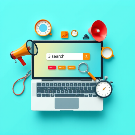 digital illustration of a laptop with a search screen, a magnifying glass, a megaphone, and a stopwatch, vibrant color scheme, bright turquoise background, soft shadows, high resolution, camera settings: ISO 100, aperture f/8, shutter speed 1/60s, camera view: top-down, camera style: modern flat design, camera type: digital illustration
