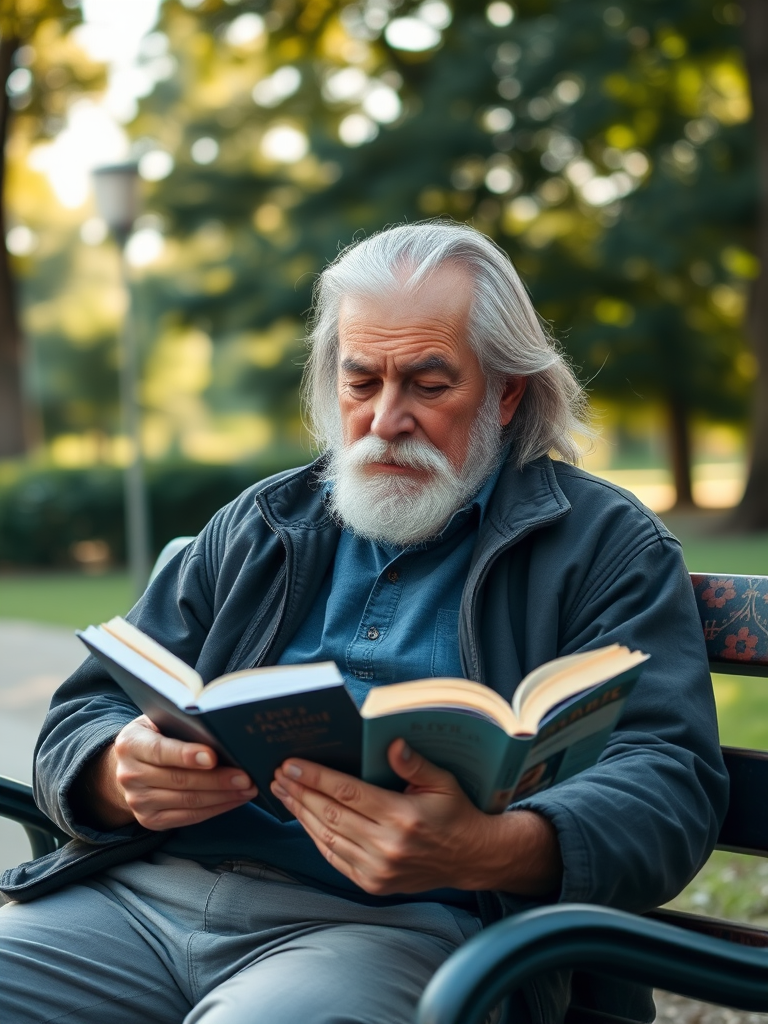 Capture an elderly man with long gray hair reading a book on a park bench, soft natural lighting, shallow depth of field, 85mm lens, f/1.8 aperture, ISO 100, full-frame DSLR.
