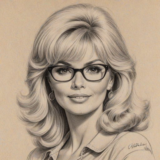 Ravishing Loni Anderson, pencil sketch, portrait of Fascinating woman 1944s in glasses, hair style beatnik, outline, clear lines, fine lines, 8k