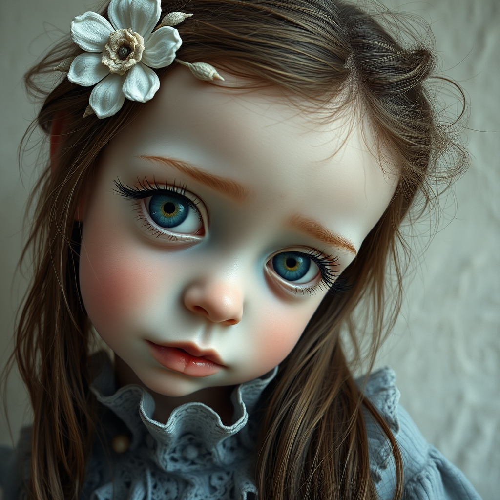 COLOR CHALK AND GRAPHITE, MACRO, WHIMSICAL CHILD,  PORCELAIN SKIN, VERY BIG GREY-BLUE EYES LOOKING DOWN WITH EXTREMELY LONG EYELASHES, SMALL MOUTH,  STRINGY AND MESSY BROWN HAIR with a flower, grey frilly lace collar, sad. The background should be textured and neutral in color to make the subject stand out. Orton effect, surreal, style of Nicoletta Ceccilo