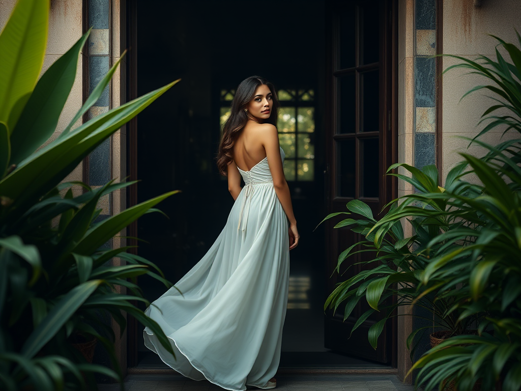 portrait of a woman in a flowing white dress standing in a doorway surrounded by lush plants, backlit by soft natural light, captured with a Canon EOS R5, 50mm f/1.2 lens, aperture f/2.8, ISO 100, and shutter speed 1/125 sec, in a moody, cinematic style.
