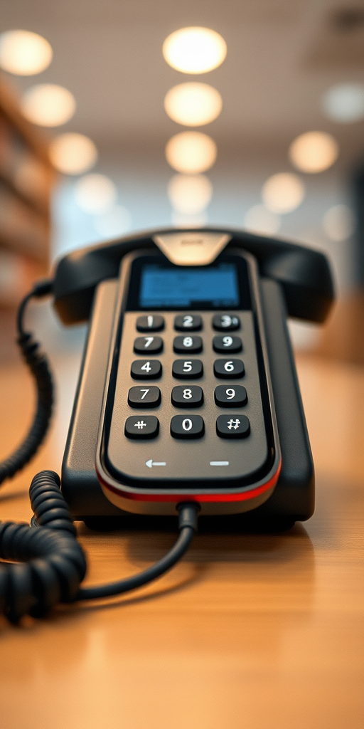 Create an image of a modern telephone, shot from a low-angle view using a DSLR camera with a 50mm lens, aperture set to f/2.8, ISO 100, and a shallow depth of field for enhanced clarity and focus on the phone.