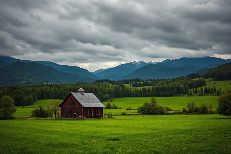 Landscape photograph of a lush green field with a wooden barn in the foreground, surrounded by dense forests and rolling hills, with majestic mountains in the background under a moody sky, captured with a Canon EOS R5, 24mm focal length, f/8 aperture, ISO 100, with a wide-angle view and HDR style for enhanced detail and color vibrancy.