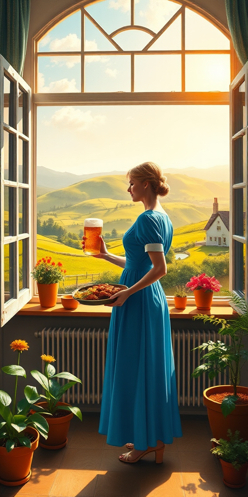 In "A Glass of Beer on the Highland," a serene scene is depicted in a sunlit room where a woman in a vibrant blue dress stands by a large window. She holds a tray with a hearty meal and a frothy glass of beer, embodying a moment of relaxation. Outside, the breathtaking highland landscape features rolling green hills and a charming traditional house, all bathed in warm afternoon light. The interior is adorned with potted plants, creating a harmonious blend of comfort and nature. The painting beautifully captures the tranquility and joy found in simple pleasures amidst stunning scenery