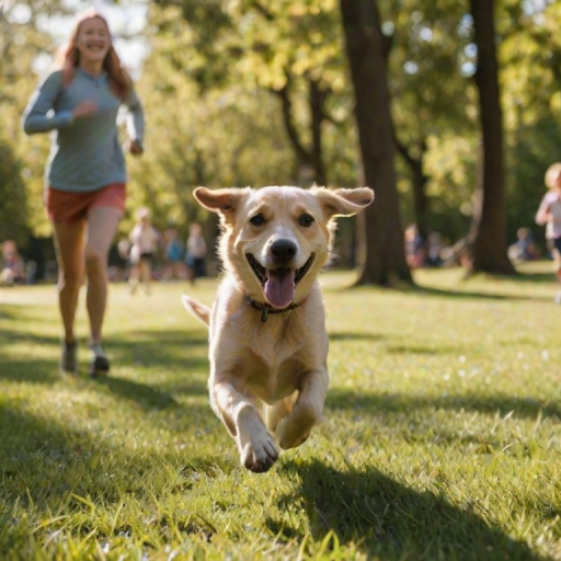 Blurry, candid photo of a dog running through a park, ears flapping in the wind, joyful expression on its face, sunlight filtering through the trees, a group of children playing in the background, soft shadows on the grass.