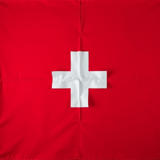 Create a high-resolution image of the Swiss flag featuring a red background with a white cross in the center, shot with a Canon EOS R5 at f/8, ISO 100, 1/200s, in a flat lay view, using a softbox for even lighting.