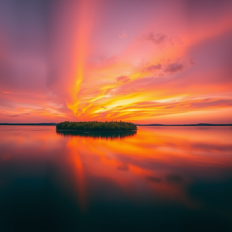 Create a high-resolution image of a tranquil sunset over a serene lake reflecting vibrant orange and purple hues in the sky with lush green trees on the shoreline using a Canon EOS R5 with a 24mm f/1.4 lens at ISO 100, aperture f/8, and a shutter speed of 1/125 sec, shot from a panoramic view to capture the full scene.