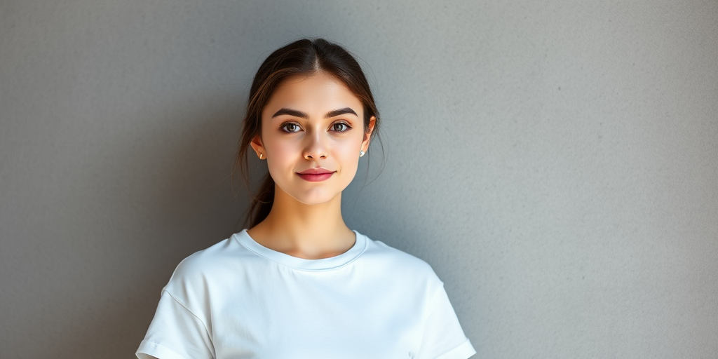 Portrait of a young woman wearing a plain white t-shirt, standing against a textured gray background, soft natural lighting, 50mm lens, f/1.8 aperture, ISO 100, shallow depth of field, mirrorless camera.