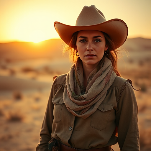 Dramatic photo of a beautiful Druze woman, classic cowboy attire, confident and free spirit expression, half-length portrait, centered, golden hour desert landscape, warm, diffused light, low angle, medium format film camera, in style of Annie Leibovitz.