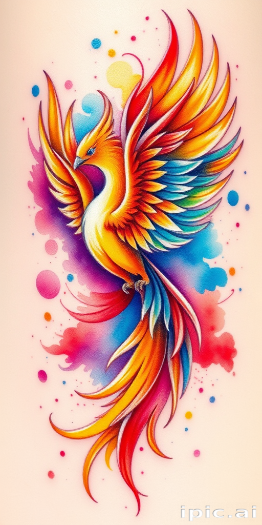 Vibrant watercolor tattoo called "Rainbow Splash" featuring a majestic phoenix rising from swirling hues of red orange and yellow blending seamlessly into cool blues and purples with intricate feather details and subtle white highlights