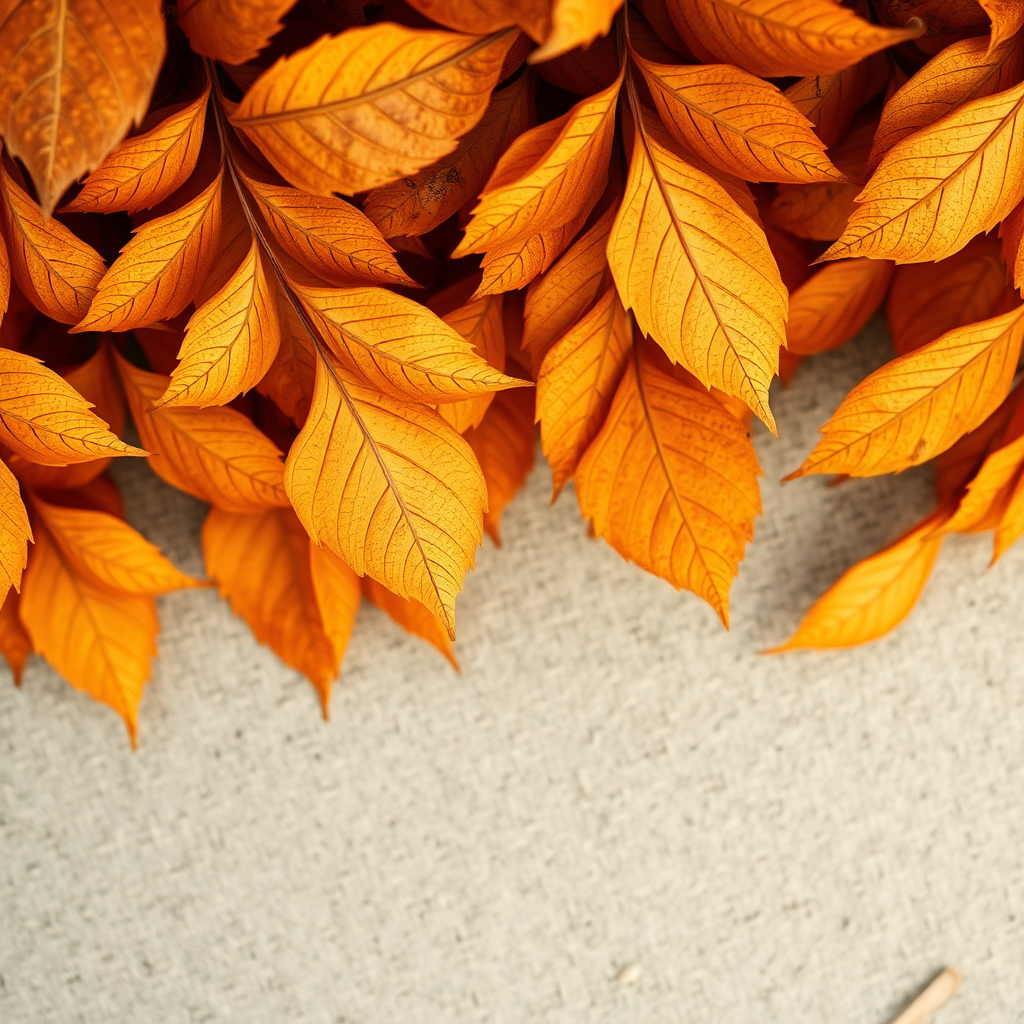 Create a high-resolution image of a textured background featuring overlapping dried leaves in warm golden tones, captured with a DSLR camera at f/2.8 aperture, 50mm lens, and ISO 100 in natural light from a top-down view.