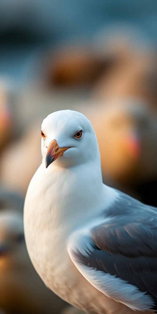 seagull portrait with soft focus background, 50mm lens, f/2.8 aperture, ISO 100, 1/200 sec, taken with a DSLR camera from a low angle for depth, natural light, vibrant colors.