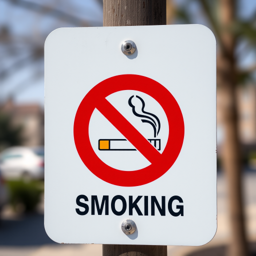 Generate a high-resolution image of a "No Smoking" sign featuring a cigarette with smoke graphic, captured using a DSLR camera with a 50mm lens, at f/2.8 aperture, ISO 100, in natural light, with a shallow depth of field to enhance details.