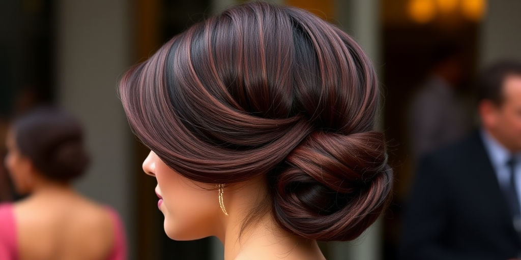 Sophisticated socialite flaunting a sleek, low bun with a deep side part and face-framing pieces, colored in a rich burgundy hue