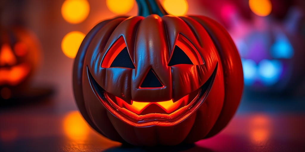 Generate a high-resolution image of a smiling jack-o'-lantern with vibrant colors and a shiny surface, using a DSLR camera at f/2.8 aperture, ISO 100, 50mm lens, with a soft focus background.