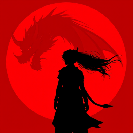 Create a high-resolution illustration of a silhouette of a character facing a fierce red dragon with flowing hair, against a bold red circular background, captured with a 35mm lens at f/2.8, ISO 100, 1/250s, using a digital art style for crisp details and vibrant colors.