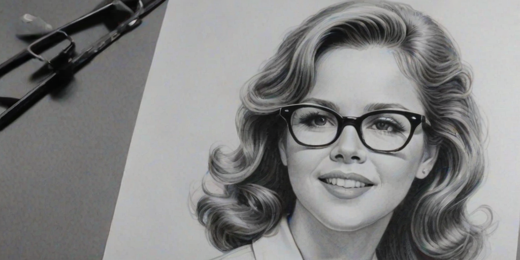 Lovely Linda Blair, pencil sketch, portrait of Enticing woman 1944s in glasses, hair style beatnik, outline, clear lines, fine lines, 8k