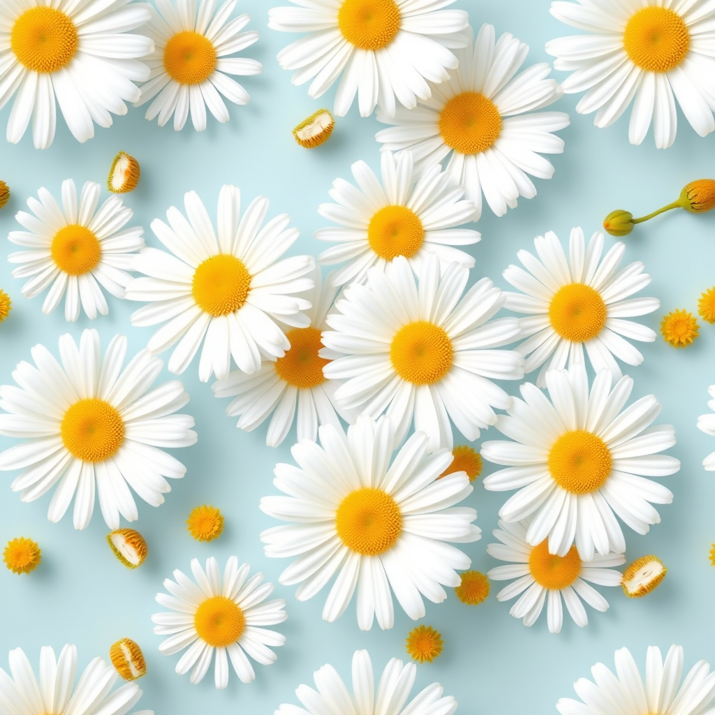create a seamless pattern of white daisies with yellow centers on a light blue background